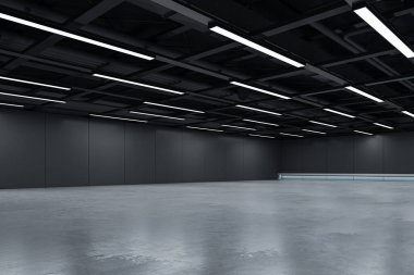 Temiz beton zemin, siyah tavan, duvarlar ve doğrusal tavan lambaları olan boş modern iç mekan. 3B Hazırlama