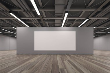 Modern galeri odasındaki, ahşap zemin ve tavan lambaları olan gri duvarda boş beyaz tuval modeli, markalaşma için temiz alan kavramı. 3B Hazırlama