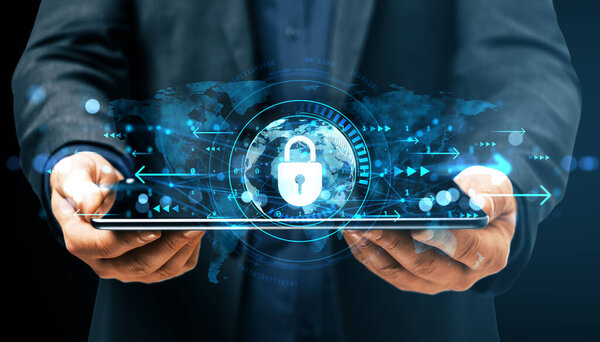Businessman holding tablet with glowing lock symbol, digital graphics style, on dark background. Concept of cybersecurity and data privacy