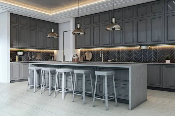 Ahşap dolaplar, kolye aydınlatma ve bar tabureleri ile modern mutfak iç dekorasyonu, şık bir odada arka planda ışıklandırma. 3B Hazırlama