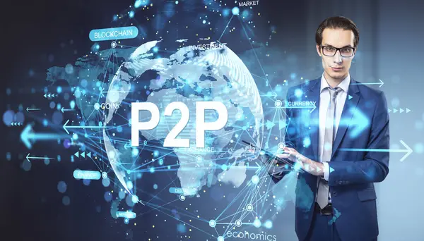 Küresel finans ve kripto para birimi kavramını gösteren, soyut mavi arkaplan üzerinde dijital P2P ve engelleme unsurlarına sahip takım elbiseli bir işadamı