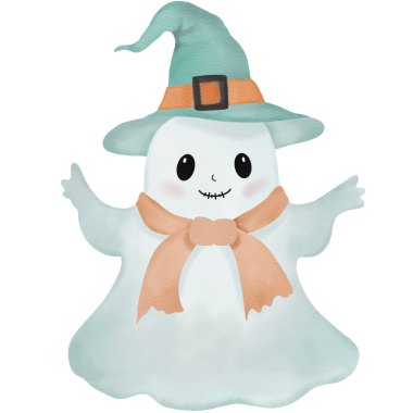 Bir hayalet açık yeşil bir cadı şapkası takıyor. Siyah tokalı. Turuncu bir eşarbı var..