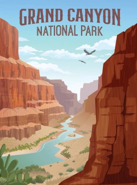 Kanyon duvarları ve Colorado nehri olan Grand Canyon Ulusal Park posteri. Vektör illüstrasyonu.