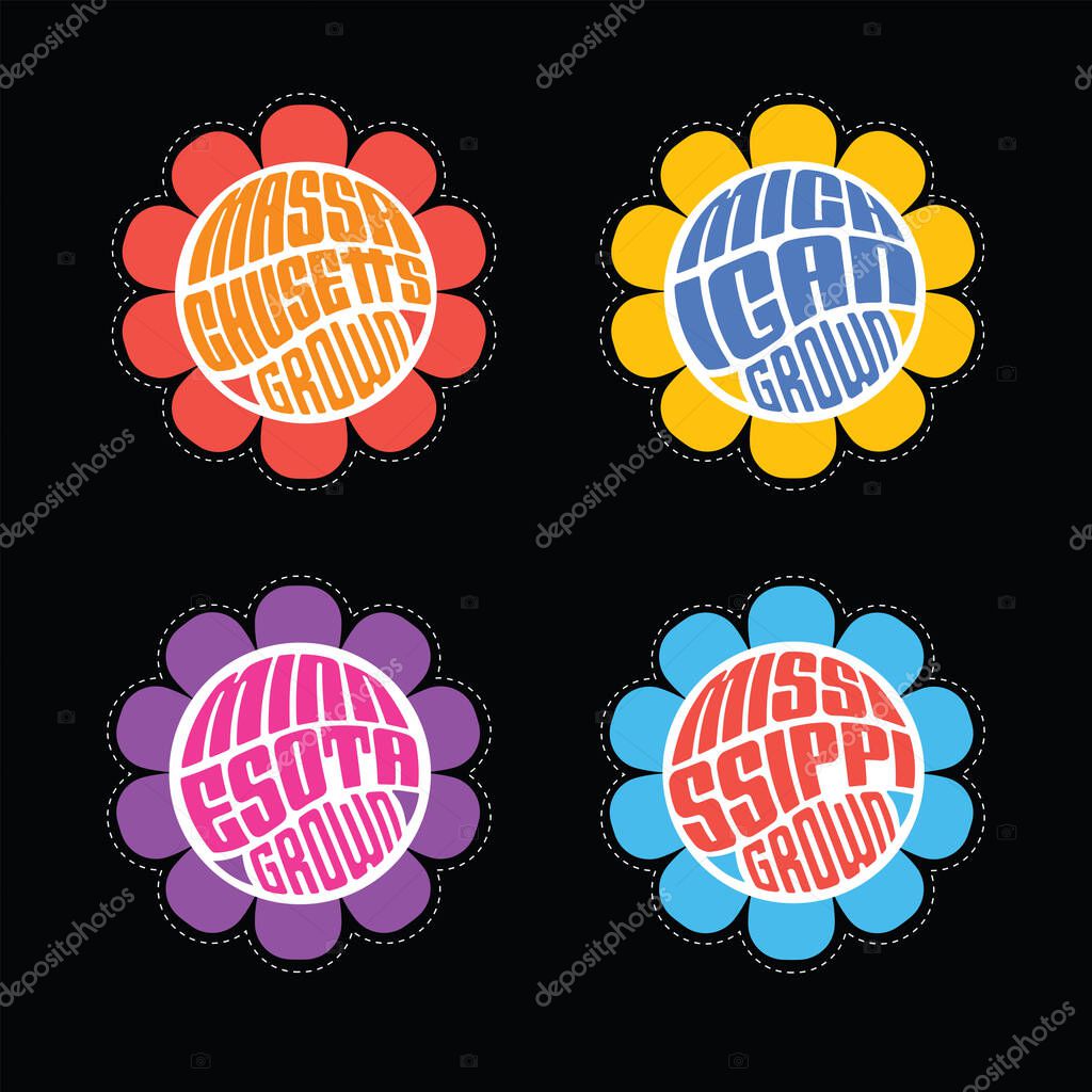 Set of retro psychedelic daisies with state names Massachusetts, Michigan, Minnesota, Mississippi  for travel stickers, t-shirt designs, labels, design elements.