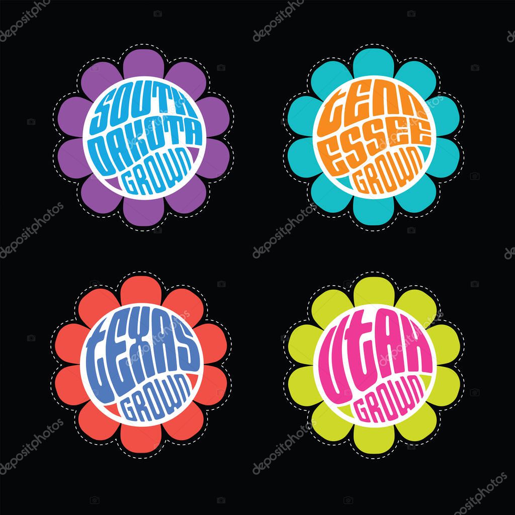 Set of retro psychedelic daisies with state names south dakota, tennessee, texas, utah, for travel stickers, t-shirt designs, labels, design elements.