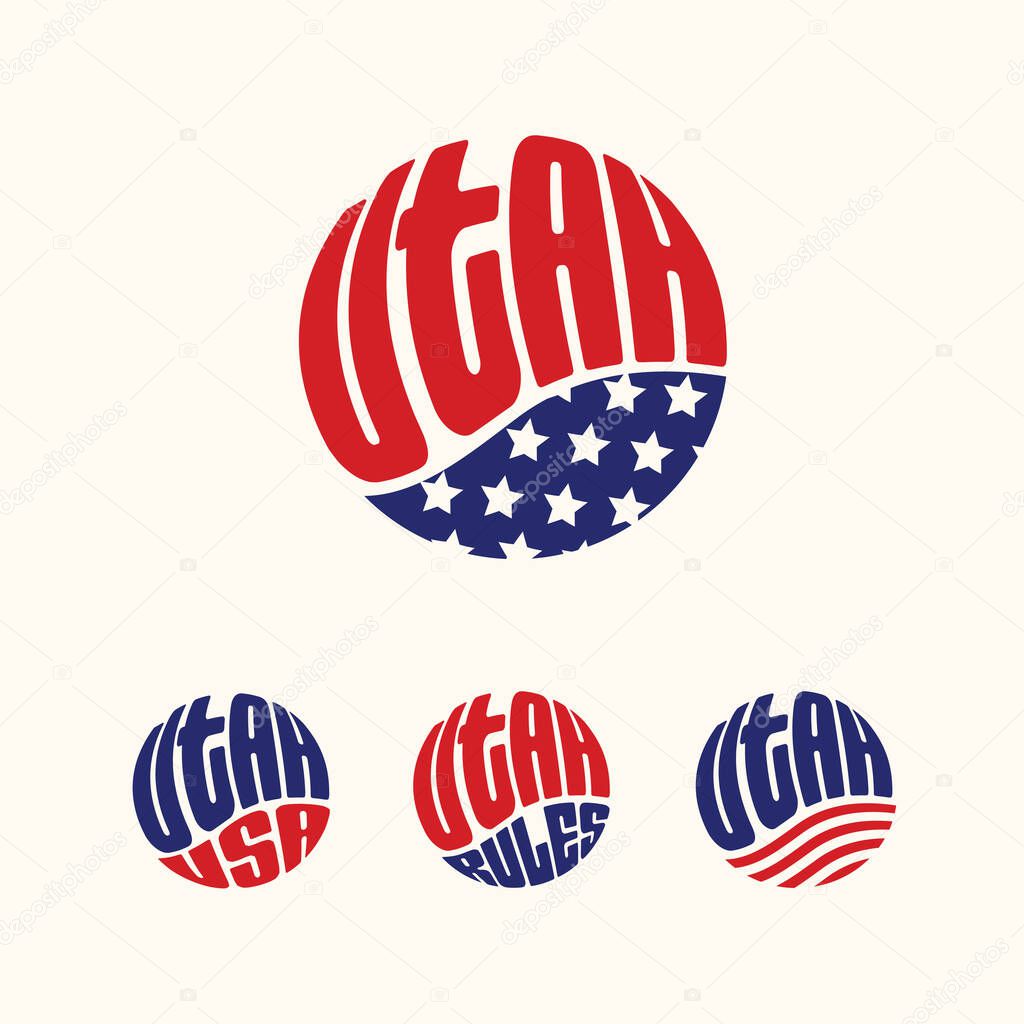 Utah USA patriotic sticker or button set. Vector illustration for travel stickers, political badges, t-shirts.