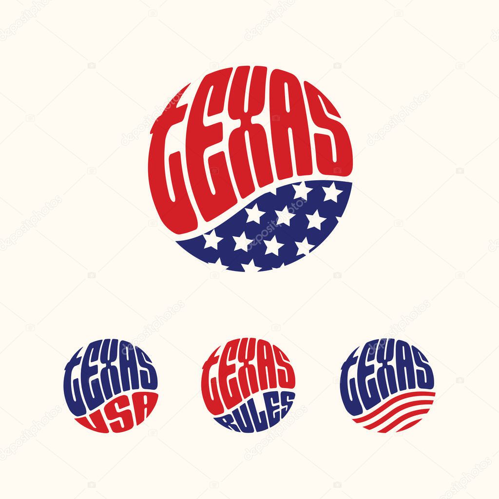 Texas USA patriotic sticker or button set. Vector illustration for travel stickers, political badges, t-shirts.
