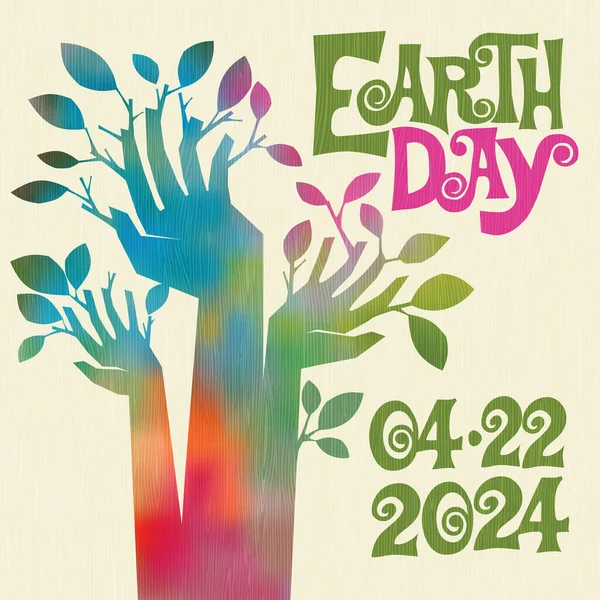 Earth Day April 2024 Retro Design Upphöjda Händer Spirande Grenar Royaltyfria illustrationer