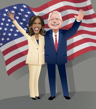 Asheville NC, 26 Ağustos 2024. Kamala Harris ve Tim Walz 'ın karikatürü, Amerika Birleşik Devletleri başkan ve başkan yardımcısı adayları. Editoryal kullanım için Vektör İllüstrasyonu.