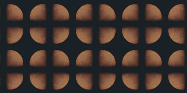 Siyah beyaz arka planda bir çok küçük yumurta parçasıyla dikey çekim.