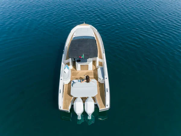 Young Amazing Woman Relax Yacht Aerial View — Stock Photo, Image