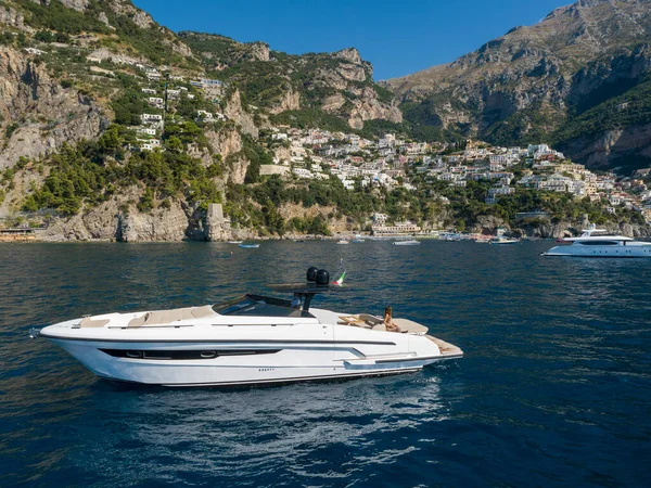 Aerial View Young Woman Yacht Amalfi Coast Positano Italy Stock Photo