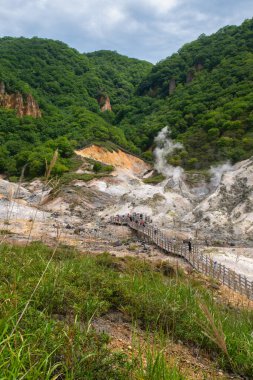 Jigokudani, veya Cehennem Vadisi olarak adlandırılan sıcak buhar bacaları, sülfür akıntıları ve diğer volkanik aktiviteler, Noboribetsu Onsen, Noboribetsu, Hokkaido, Japonya 'nın ana kaynağı