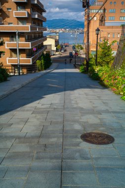 Hakodate, Hokkaido, Japonya - 20 Ağustos 2023 - Hakodate 'nin güzel yamaçlarından biri olan Hiyori Zaka Yamacının Sahnesi