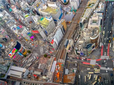 Tokyo, Japonya - 7 Mart 2024 - Tokyo şehrinin hava sahnesi Shibuya gökyüzünden izlendi