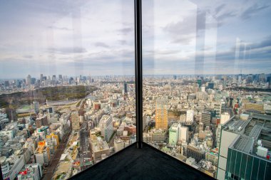 Tokyo, Japonya - 7 Mart 2024 - Tokyo şehrinin hava sahnesi Shibuya gökyüzünden izlendi