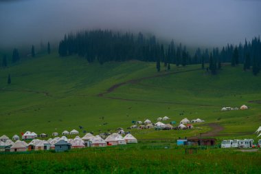 Çin 'in en güzel otlaklarından biri olan Nalati Çayırı, Alp ve Vadi manzarası, Xinyuan İlçesi, Ili Kazak özerk vilayeti, Xinjiang Uygur özerk bölgesi, Çin