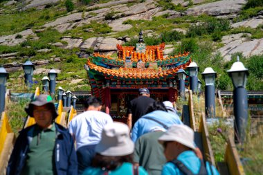 Terelj, Mongolia - August 12, 2024 - Scene of Aryabal Meditation Temple, tibetan styled temple belongs to the Kalachakra sect of Buddhism, located in Gorkhi-Terelj National Park clipart