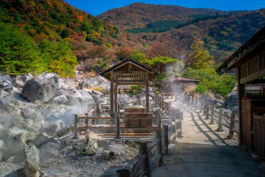 Unzen Jigoku, or Unzen Hell, located on Mount Unzen inside Unzen National Park, an active volcano in the center of Shimabara Peninsula, famous for Onsen in Nagasaki, Japan clipart