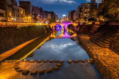 Meganebashi or Spectacles Bridge, over Nakashima River, the oldest stone arch bridge in Japan and has been designated as an Important Cultural Propery, Nagasaki, Japan clipart