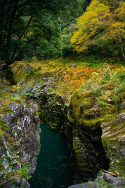 Takachiho Gorge, a narrow chasm cut through the cliff of volcanic basalt columns by the Gokase River, with Minainotaki waterfall cascading down to the river below, Miyazaki, Kyushu, Japan clipart