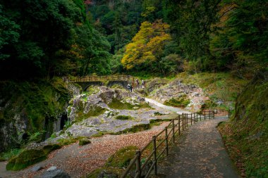 Takachiho Gorge, a narrow chasm cut through the cliff of volcanic basalt columns by the Gokase River, with Minainotaki waterfall cascading down to the river below, Miyazaki, Kyushu, Japan clipart