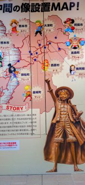 Kumamoto, Kyushu, Japan - November 20, 2024 - Map of the locations of the standing statues from manga One Piece, shown in the Kumamoto JR Station, all characters stand in Kumamoto area clipart