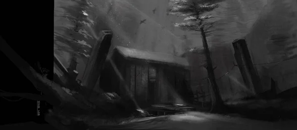 Ilustrace Domu Lese Kresba Černobílý Styl — Stock fotografie