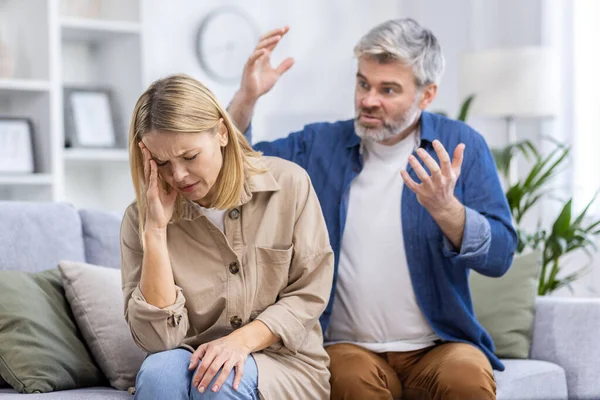 Family Conflict Quarrel Man Shouting Upset Woman Close Couple Sitting — Stock Photo, Image