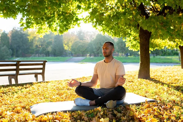 A young Latin American man is doing yoga in the morning in the park. Sitting on a mat in the lotus position with closed eyes and meditating.