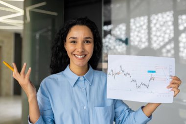 Video çağrısı, Latin Amerikalı kadın ofis içi kameraya olumlu sonuç gösteren, webcam görüntüsü başlangıç sunumu, kameraya gülümseyen iş kadını.