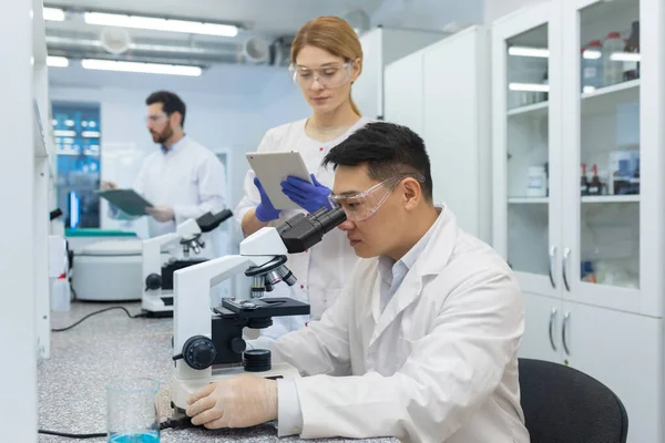 アジアの若者は同僚と一緒に研究室で働いています 机に座り 研究し 顕微鏡の下で材料やサンプルを調べる — ストック写真
