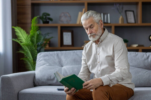 Gray-haired senior man sitting on the sofa at home and reading a book with concentration, resting, spending free time in retirement.