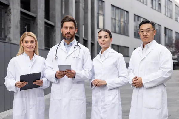 Portrait of an interracial young group of people, male and female doctors and scientists, standing outside a building in white coats, holding a tablet and documents, looking seriously at the camera.