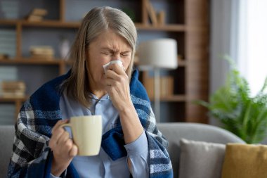 Kareli battaniyeye sarılı yaşlı bir kadın elinde kahve fincanı tutarken hapşırıyor, rahat rahat evinde oturuyor..
