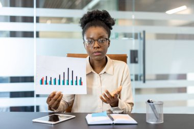 İş kadını grafik çizelgesini tutuyor ve video görüşmesi sırasında mali performansı tartışıyor. İş sunumu için uzaktan iletişim kullanan bir profesyonel. Teknoloji araçlarıyla modern ofis ayarları.