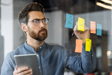 Elinde tablet bulunan odaklanmış işadamı, şeffaf tahtaya yapışkan notlar yazıyor. Modern ofis ortamında beyin fırtınası, planlama, takım çalışması. İş kavramı, strateji