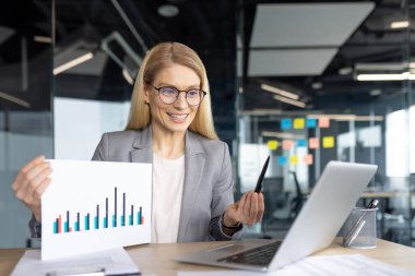 Profesyonel bir kadın, bilgisayarını kullanarak ofisindeki video konferans üzerinden bir bar çizelgesi sunuyor. Gri bir ceket ve gözlük takıyor..