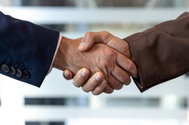 İki işadamı el sıkışıyor. Resim, profesyonel bir ortamda anlaşmanın ve işbirliğinin özünü yakalar..