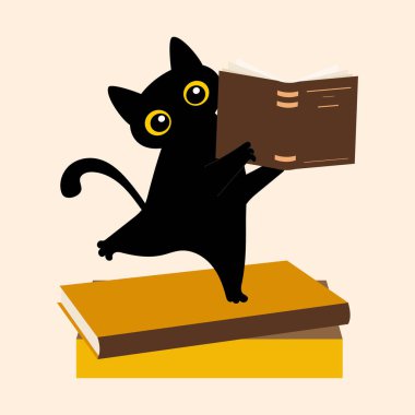 Uluslararası Çocuk Kitapları Günü. 2 Nisan. Siyah sevimli bir kedi pençelerinde açık bir ders kitabı tutuyor. Eğitim ve faydalı okuma kavramı. 