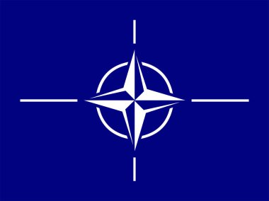 NATO bayrağı. Beyaz dört köşeli yıldız (rüzgar gülü) ve beyaz çizgilerle dikdörtgen mavi pankart. 