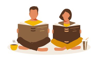 İyi çocuk ve güzel kız, her ikisi de açık kitaplarla kütüphanede oturup bir fincan çayla kitap okuyorlar. Çevrimiçi eğitim ve yararlı samimi okuma kavramı. 