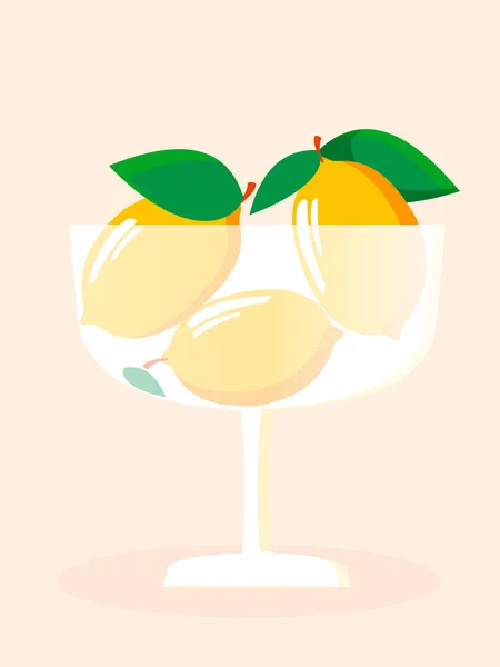 Gula Citroner Med Blad Transparent Frostad Glasvas Rosa Ljus Bakgrund — Stockfoto