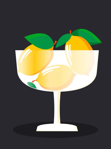 Juicy Lemons Leaves Transparent Frosted Glass Vase Black Background Vertical — Stock Photo, Image