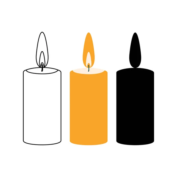 一套三支蜡烛 黑色轮廓和轮廓为着色 这个插图在白色的背景上是孤立的 — 图库照片