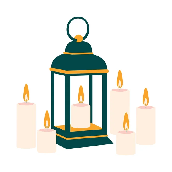 Антична Зелена Лампа Великою Кількістю Запалених Свічок Білому Тлі Романтична — стокове фото