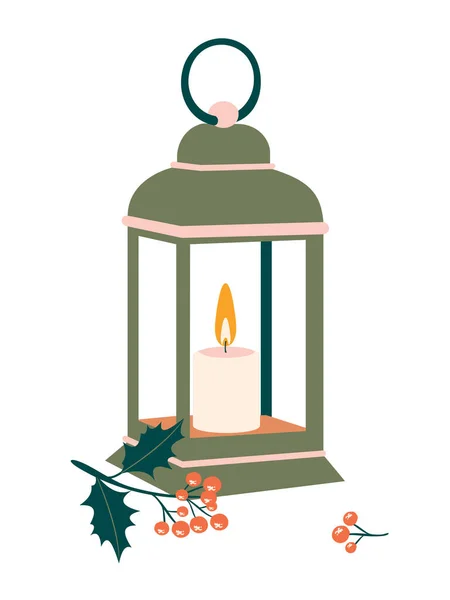 古色古香的绿色灯 点着蜡烛和冬青浆果 白色背景明信片的圣诞插图 — 图库照片