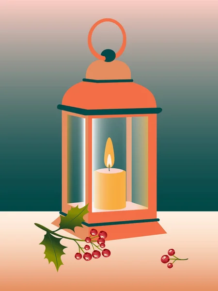 Vintage Lamp Met Brandende Kaarsen Leuke Kerstkaart Met Nachtlampje Hulst — Stockfoto