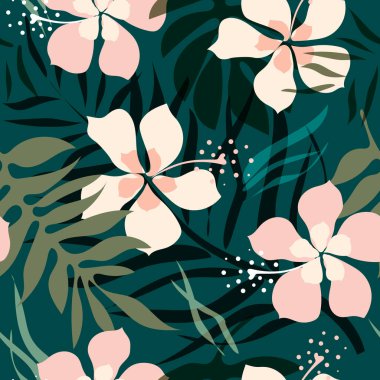 Floral seamless pattern. Modern exotic design for textiles. Tropical green leaves and pink hibiscus flowers on a dark background. 