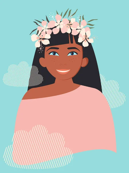 Young beautiful woman with long black hair and a flower wreath on her head. Women's mental health and positive attitude. Turquoise vertical women's banner. 
